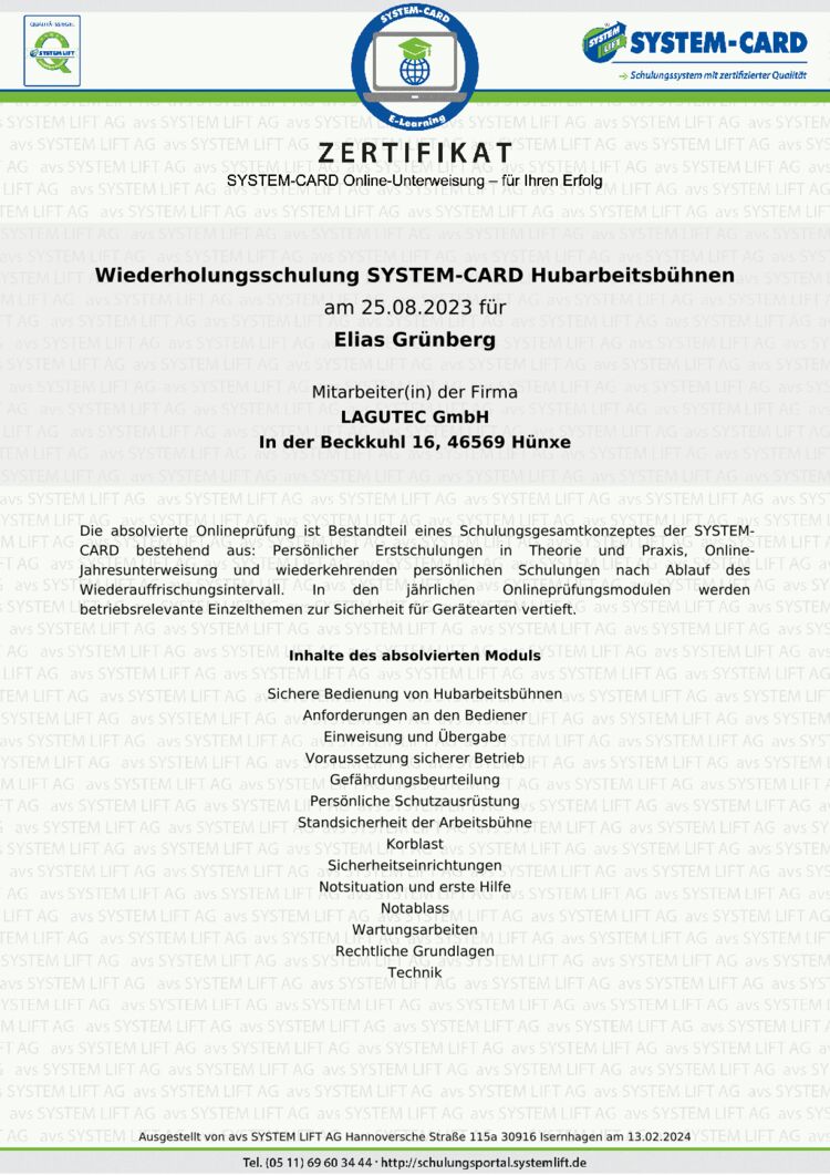 Wiederholungsschulung SYSTEM-CARD Hubarbeitsbühnen Elias Grünberg